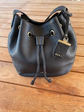 DKNY Black Pebbled Leather Drawstring Hobo with Gold Hardware